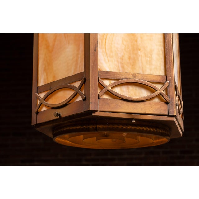 Mid 20th Century Mid 20th Century Mediterranean Bronze Tone Faux Alabaster Lantern Pendant For Sale - Image 5 of 10