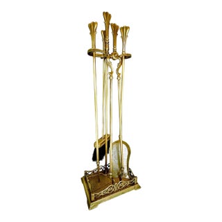 Vintage French Louis XVI Style Brass Fireplace Tool Set / Fleur-De-Lis Finial For Sale