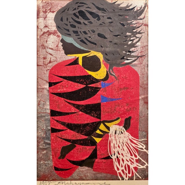 Tadashi Nakayama "Akai Fuku" (Red Coat) Vintage 1957 Japanese Woodblock Print For Sale - Image 4 of 10