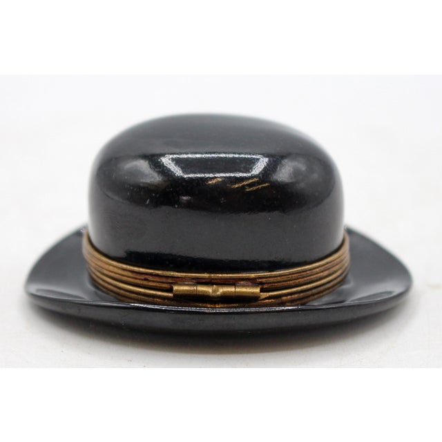 French Vintage French Limoges Bowler Hat Form Porcelain Trinket Box For Sale - Image 3 of 8