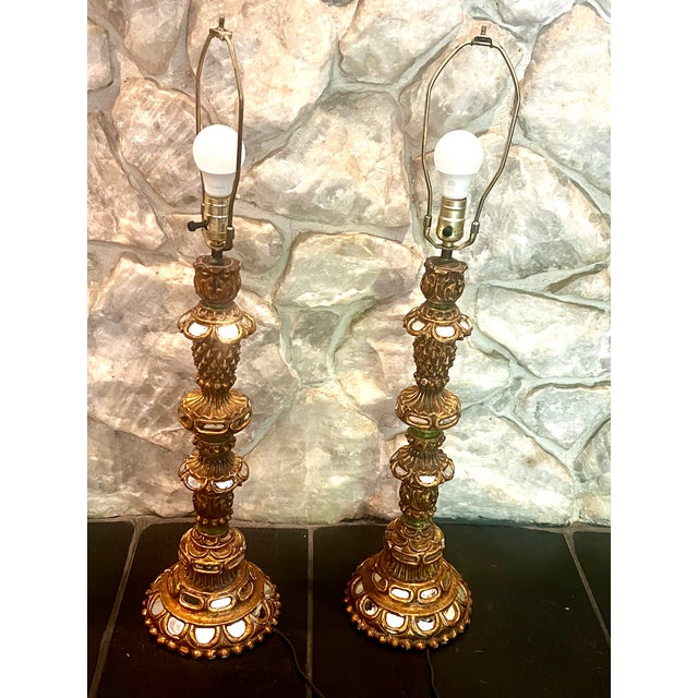 Mediterranean Antique Wood Candelabra Lamps With Mirror Insets - a Pair For Sale - Image 3 of 13