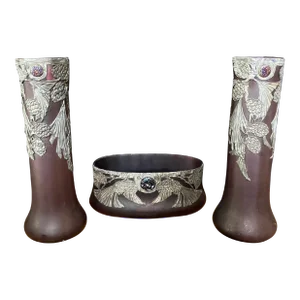 French Art Nouveau 3 Piece Set of Pewter and Glass Jeweled Vases and Bowl -Set of 3