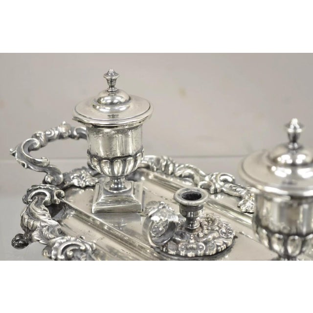 Renaissance Vintage French Renaissance Silver Plated Figural Italian Inkstand Desk Inkwell For Sale - Image 3 of 12