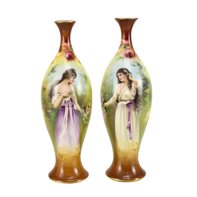 Franz Anton Mehlem Royal Bonn Porcelain Hand Painted Portait Vases A