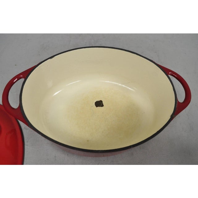 Technique 4 Quart Red Cast Iron Dutch Oven Covered Pot With Tomato Design on Lid For Sale - Image 10 of 13