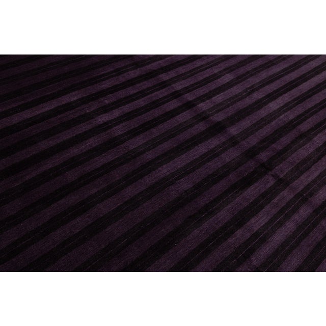 Purple Contemporary Tibetan Hand-Knotted Wool and Silk Rug With Deep Plum Stripes For Sale - Image 8 of 10