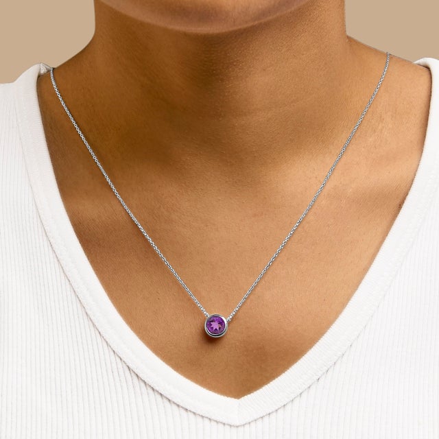 .925 Sterling Silver 7MM Bezel Set Created Purple Amethyst Pendant Necklace - 18" Inches For Sale - Image 4 of 5
