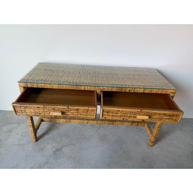 1980s Vintage Palm Beach Regency Coastal Rattan Console Table With Glass Top/ Sold For Sale - Image 5 of 12