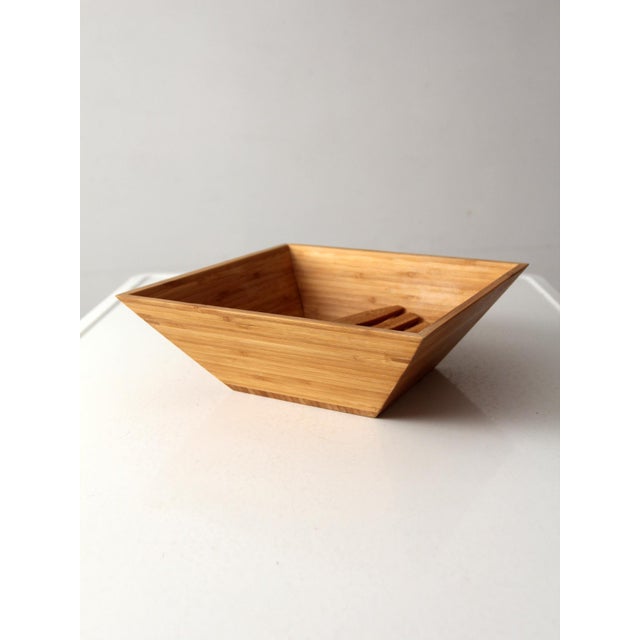 Vintage Bamboo Salad Serving Bowl With Hand Shaped Serving Utensils For Sale - Image 12 of 18