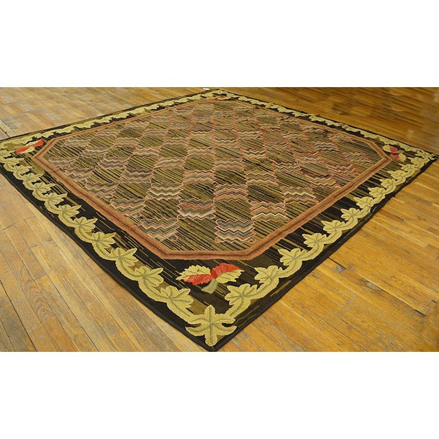 Delightful Olive Background Color With Yellow Folk Art Border Antique American Hooked Rug For Sale - Image 4 of 7