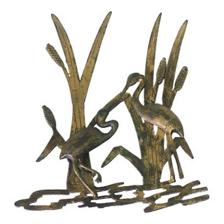 Antique Bronze Wall Sculpture in Prairie School Design -- Pair of Cranes Amongst Cattails For Sale