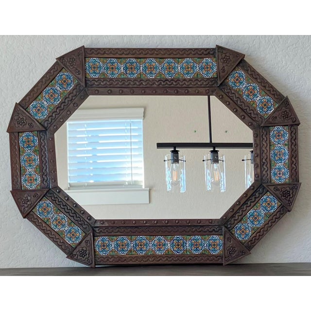 Circa 2005 Mexican Bronzed Hojalata (Tin Art Work) & Talavera Tile Mirror - Hangs Vertically or Horizontally For Sale - Image 13 of 14