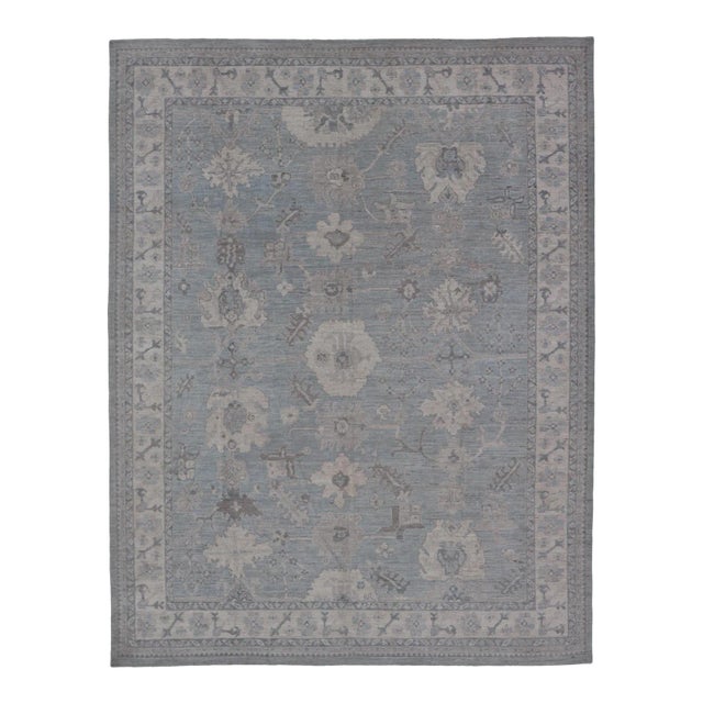2020s Modern Oushak With Floral and Tribal Motifs With Cream, Gray and Powder Blue For Sale