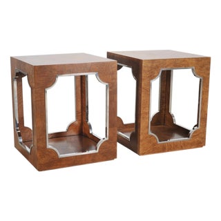 Pair of Bernhardt Soho Luxe Burlwood Steel Cube Drink Tables For Sale