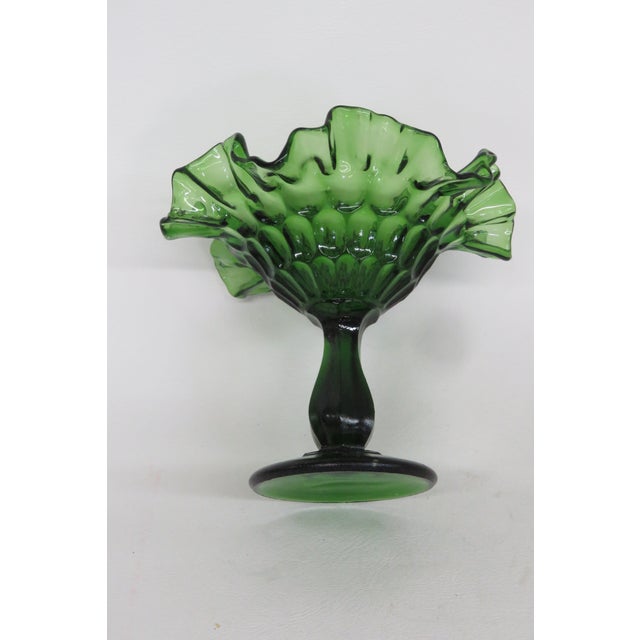 Fenton Green Thumbprint Style Ruffled Pedestal Large Compote Candy Dish 4570b For Sale - Image 15 of 15