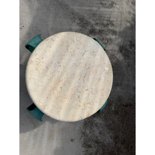 Turquoise Vintage Hand-Painted Iron Petite Cocktail Table With Tessellated Travertine Top For Sale - Image 8 of 11