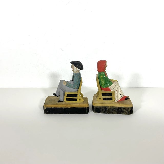 Farmhouse Vintage French Canadian Folk Art Carved and Painted Wood Couple- Set of 2 For Sale - Image 3 of 8
