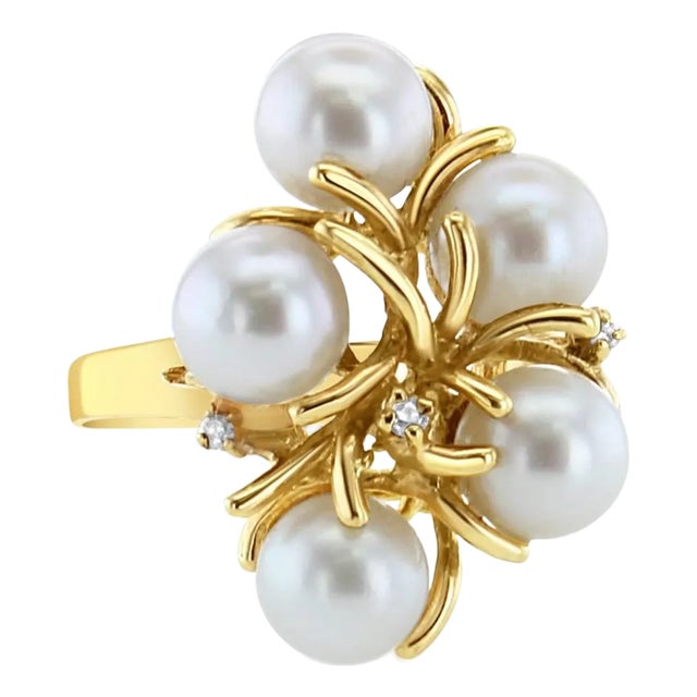 Pearl Cluster Ring with Diamond Accent 14k Yellow Gold, Size 7 For Sale
