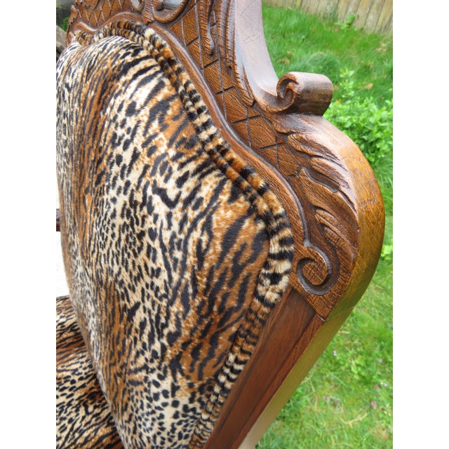 Antique Carved Wood Spanish Revival Arm Throne Chair W/ Leopard Tiger Jungle Cat Velvet Upholstery For Sale - Image 4 of 17