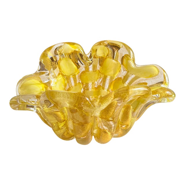 1950s Barovier & Toso Murano Yellow Spots Gold Flecks Italian Art Glass Flower Form Bowl For Sale