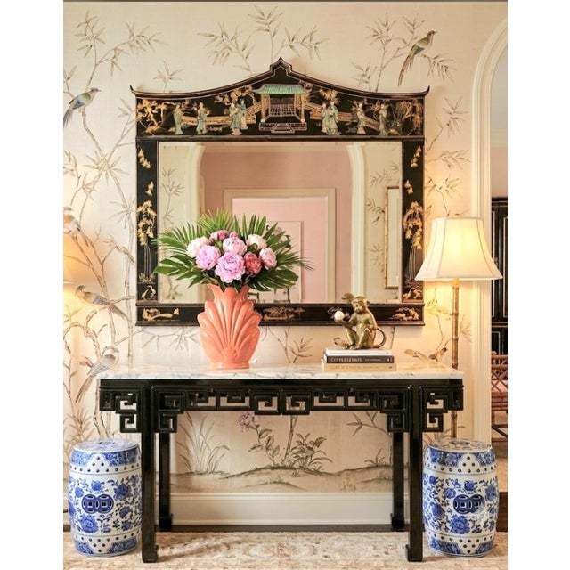 Monumental Vintage Chinoiserie Black Lacquer Soapstone Carved Pagoda Regency Rectangular Mirror For Sale - Image 13 of 14