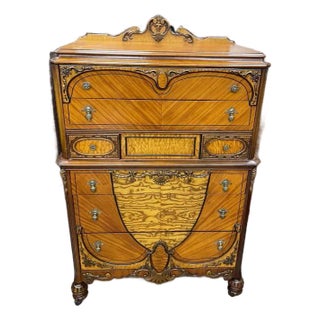 Antique 1930's Bedroom Highboy Dresser Chest of Drawers, Hand Carved Walnut, Burl Inlay For Sale
