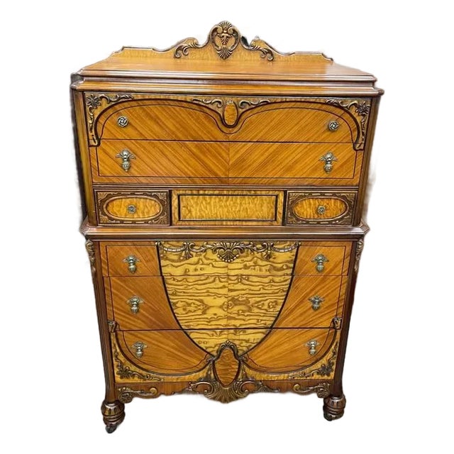 Antique 1930's Bedroom Highboy Dresser Chest of Drawers, Hand Carved Walnut, Burl Inlay For Sale
