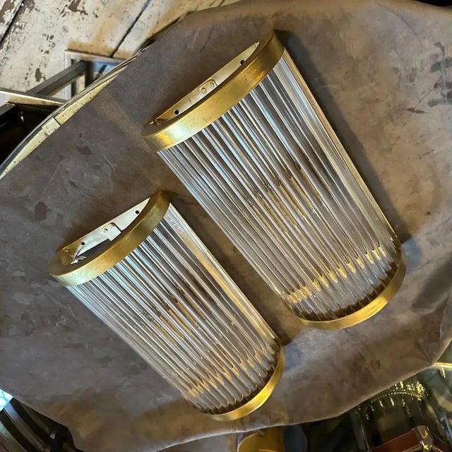 Two Sciolari Style Mid-Century Modern Brass and Glass Italian Wall Sconces For Sale - Image 4 of 12