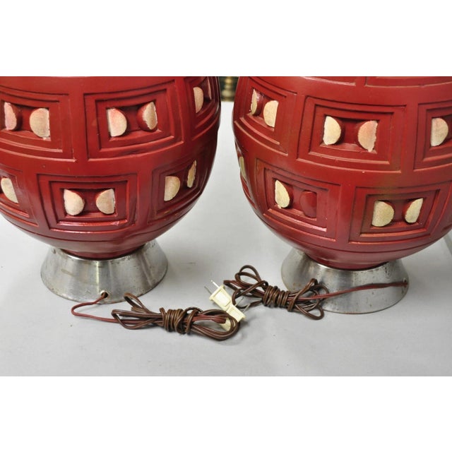 Mid Century Modern Space Age Red Ceramic Beehive Large Table Lamps - A Pair For Sale - Image 10 of 12