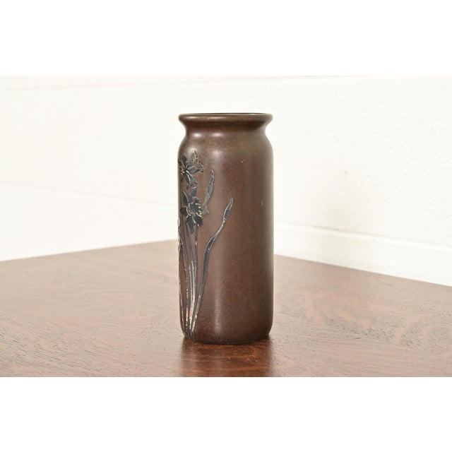 Art Deco Heintz Arts & Crafts Sterling Silver on Bronze Vase With Floral Decoration For Sale - Image 3 of 12