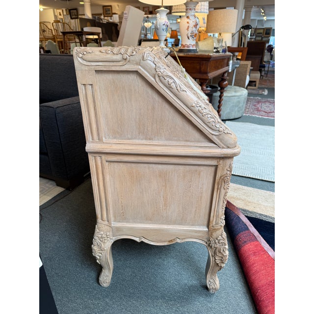Off-white French Bleached + Carved Oak Wood Louis XV Secretary For Sale - Image 8 of 12
