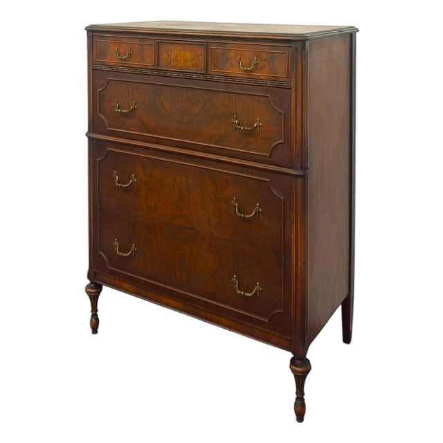 Vintage Traditional Burl Wood Tallboy Dresser With Floral Inlay and Pattern-Lined Drawers. For Sale