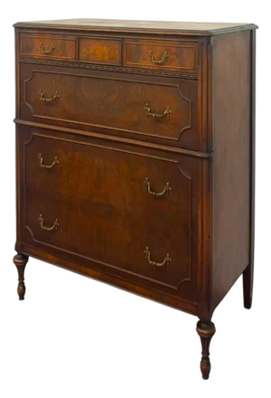Vintage Traditional Burl Wood Tallboy Dresser With Floral Inlay and Pattern-Lined Drawers.