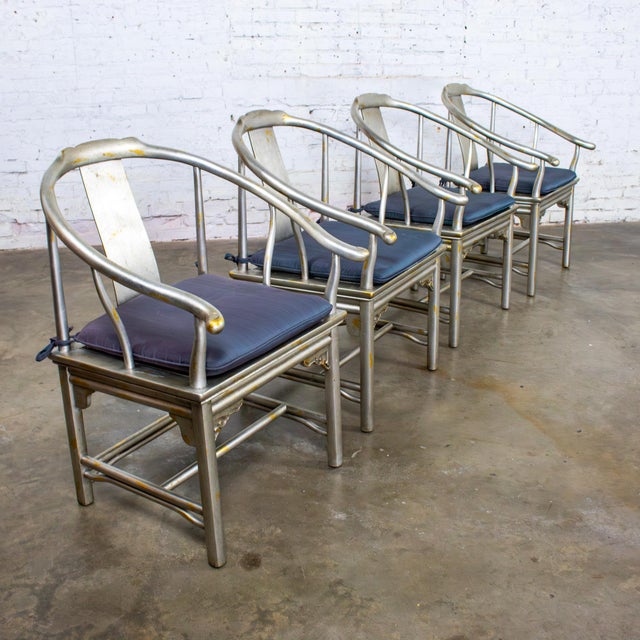 Marvelous vintage “Ming Treasures” line yoke back dining chairs by Drexel Heritage composed of gold & silver leaf or...