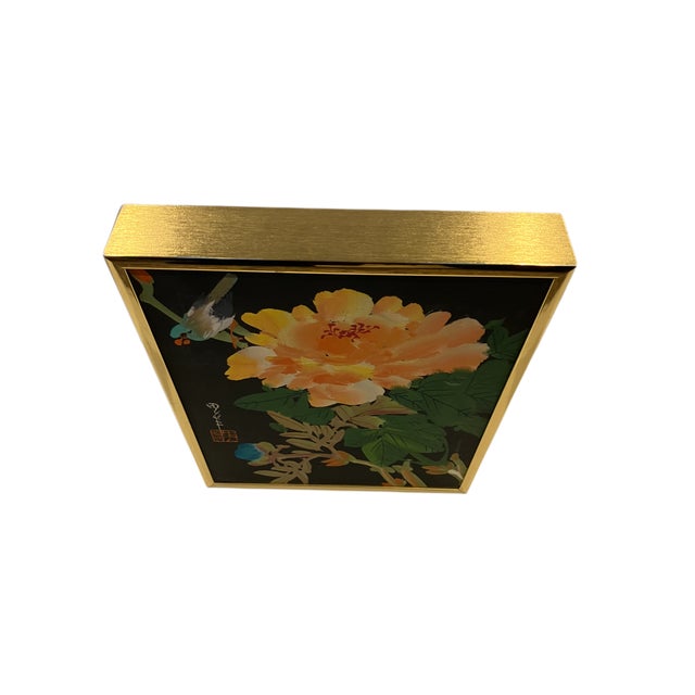 Chinese Original Traditional Chinese "Flower and Bird" Oil Painting in a Modern Brass Frame For Sale - Image 3 of 16