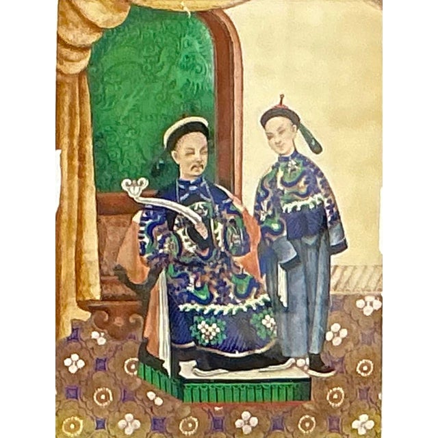 Chinese Ancestor Painting on Pith Paper, in Faux Bamboo Frame. This refined painting exemplifies the traditional ancestor...