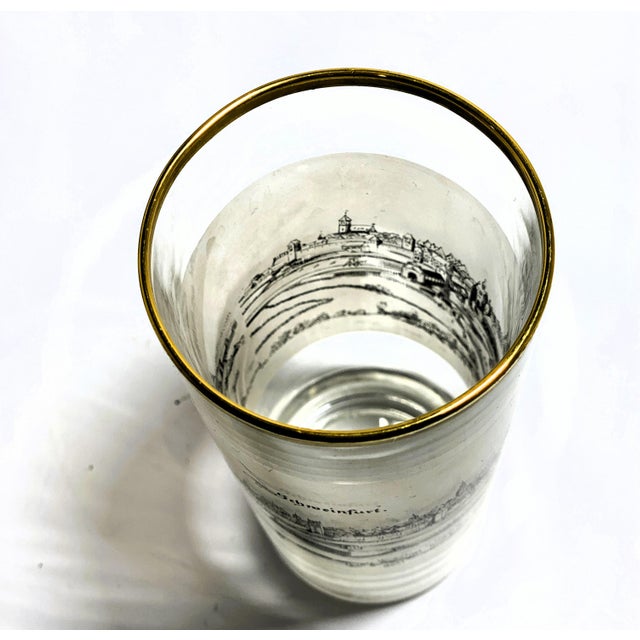 Vintage Gold Rim European Cityscape Highball Glasses – Set of 8 Schweinfurt Frosted Mid-Century Barware For Sale In Austin - Image 6 of 12