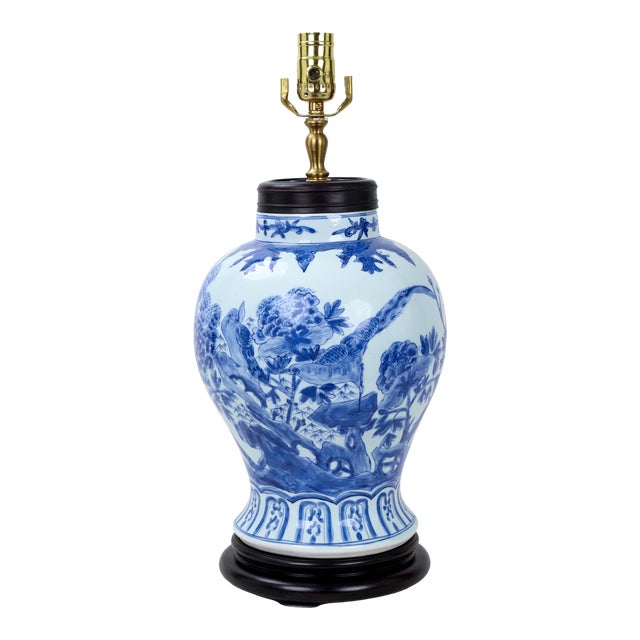 Blue & White Temple Jar Lamp With Oriental Birds and Flower Bushes ...