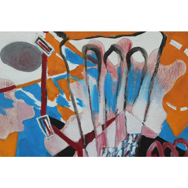 Berry Bowen abstract blue and orange painting on canvas. The work is signed, titled, and dated by the artist on the back...