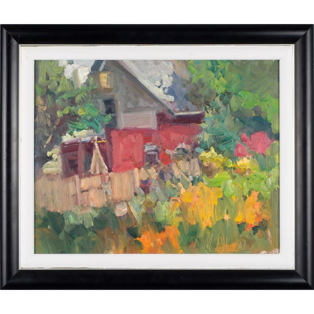 The painting depicts a serene garden scene, featuring a quaint house nestled among vibrant foliage and blooming flowers....