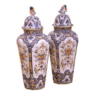 Pair of 19th Century French Hand Painted Desvres Faience Vases With Lids For Sale