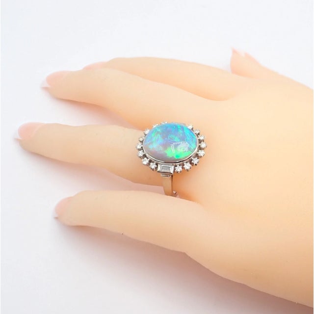 Antique Vintage Estate Palladium Diamond Opal Ring, Size 6.5 For Sale - Image 4 of 11