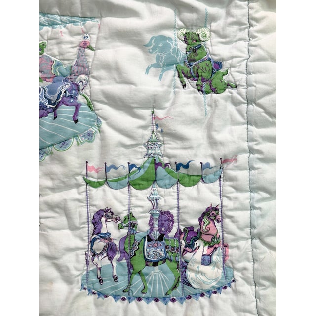 Mid-Century Modern Vintage Handmade Carousel Baby Quilt | 1960s 1970s Crib Blanket | Whimsical Nursery Bedding | Pastel Storybook Quilt | 44 X 36.5 For Sale - Image 3 of 3