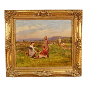 Oil on Canvas "Feeding the Birds" by César Pattein ( French 1850 - 1931)
