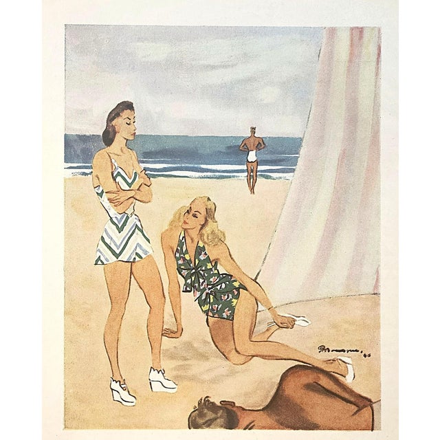 Mid-Century Modern 1946 Set of 2 Mid-Century French Summer Beach Fashion Prints by Pierre Mourgue For Sale - Image 3 of 7