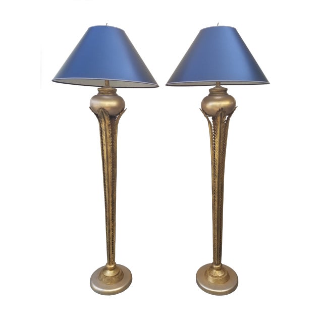 Neoclassical Greek Laurel Leaf Gold Gilt Leaf Gesso Floor Lamps by
