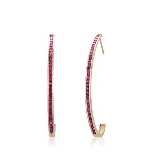 Modern 14k Yellow Gold 2 Inch Long Half Hoop Ruby Earrings 1.86 Carats, A Pair For Sale - Image 3 of 9