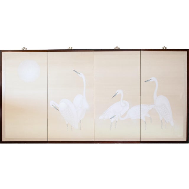 C. 1970s Japanese Style Monochrome Silk Screen "Egrets and Moon" For Sale - Image 18 of 18