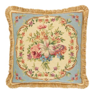 Aubusson Bouquet Blue Tapestry Cushion With Gold Fringe With Feather Filler - 48 X 48cm For Sale