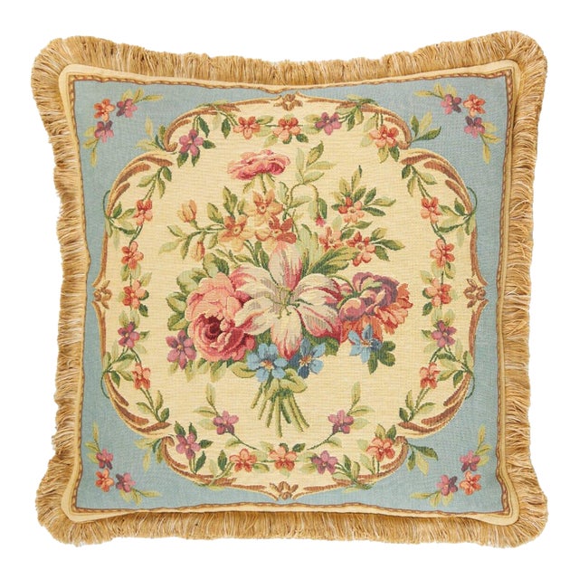 Aubusson Bouquet Blue Tapestry Cushion With Gold Fringe With Feather Filler - 48 X 48cm For Sale